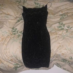 Black sparkly mini dress with cowl neck line